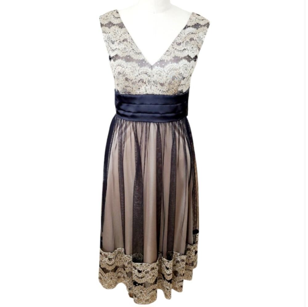 Jessica Howard Black Gold Sequin Floral Midi Dress 6 Formal Wedding Guest Party